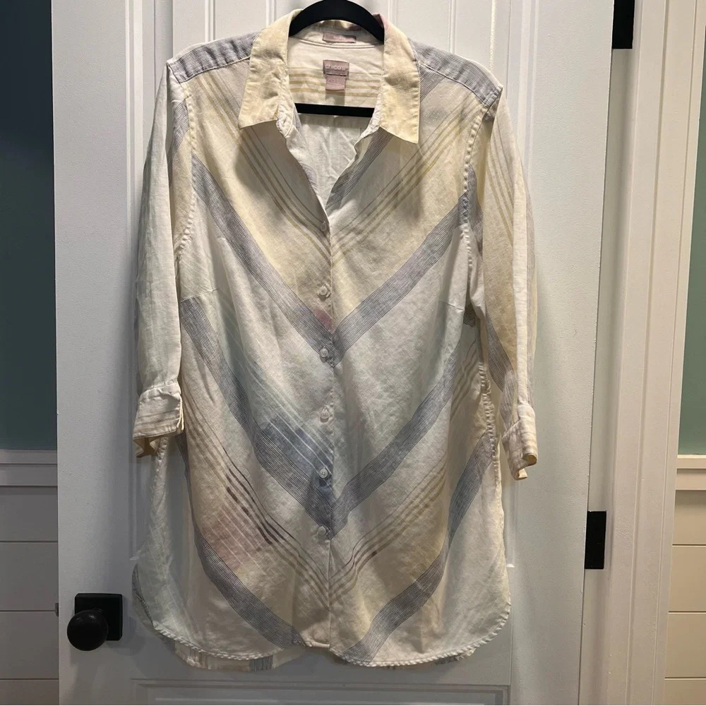 Chico’s Multi-Colored Striped No Iron Long Sleeved Linen Tunic. Chico’s Size 3.5
